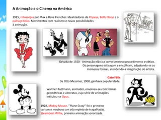 A Animação e o Cinema na América
1915, rotoscopia por Max e Dave Fleischer. Idealizadores de Popeye, Betty Boop e o
palhaço Koko. Movimentos com realismo e novas possibilidades
à animação.
Walther Ruttmann, animador, envolveu-se com formas
geométricas e abstratas, cuja série de animações
intitulou-se Opus.
Década de 1920 - Animação elástica como um novo procedimento estético.
Os personagens esticavam e encolhiam, adaptando-se as
inúmeras formas, atendendo a imaginação do artista.
Gato Félix
De Otto Messmer, 1900, ganhava popularidade.
1928, Mickey Mouse. ''Plane Crazy'' foi o primeiro
cartum e mostrava um vôo repleto de trapalhadas.
Steamboat Willie, primeira animação sonorizada.
 