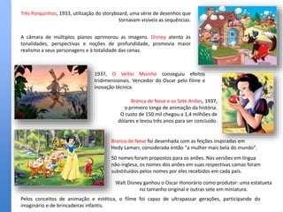Três Porquinhos, 1933, utilização do storyboard, uma série de desenhos que
tornavam visíveis as sequências.
A câmara de múltiplos planos aprimorou as imagens. Disney atento às
tonalidades, perspectivas e noções de profundidade, promovia maior
realismo a seus personagens e à totalidade das cenas.
1937, O Velho Moinho conseguiu efeitos
tridimensionais. Vencedor do Oscar pelo filme e
inovação técnica.
Pelos conceitos de animação e estética, o filme foi capaz de ultrapassar gerações, participando do
imaginário e de brincadeiras infantis.
Branca de Neve e os Sete Anões, 1937,
o primeiro longa de animação da história.
O custo de 150 mil chegou a 1,4 milhões de
dólares e levou três anos para ser concluído.
Branca de Neve foi desenhada com as feições inspiradas em
Hedy Lamarr, considerada então "a mulher mais bela do mundo”.
50 nomes foram propostos para os anões. Nas versões em língua
não-inglesa, os nomes dos anões em suas respectivas camas foram
substituídos pelos nomes por eles recebidos em cada país.
Walt Disney ganhou o Oscar Honorário como produtor: uma estatueta
no tamanho original e outras sete em miniatura.
 
