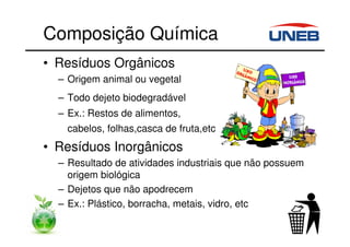 Composição Química
• Resíduos Orgânicos
– Origem animal ou vegetal
– Todo dejeto biodegradável
– Ex.: Restos de alimentos,
cabelos, folhas,casca de fruta,etc
• Resíduos Inorgânicos
– Resultado de atividades industriais que não possuem
origem biológica
– Dejetos que não apodrecem
– Ex.: Plástico, borracha, metais, vidro, etc
 