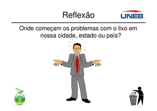 Reflexão
Onde começam os problemas com o lixo em
nossa cidade, estado ou país?
 