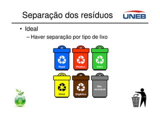 Separação dos resíduos
• Ideal
– Haver separação por tipo de lixo
 