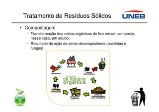 Tratamento de Resíduos Sólidos
• Compostagem
– Transformação dos restos orgânicos do lixo em um composto,
nesse caso, em adubo.
– Resultado da ação de seres decompositores (bactérias e
fungos)
 