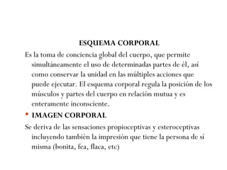 ESQUEMA CORPORAL Es la toma de conciencia global del cuerpo, que permite simultáneamente el uso de determinadas partes de él, así como conservar la unidad en las múltiples acciones que puede ejecutar. El esquema corporal regula la posición de los músculos y partes del cuerpo en relación mutua y es enteramente inconsciente. IMAGEN CORPORAL Se deriva de las sensaciones propioceptivas y esteroceptivas incluyendo también la impresión que tiene la persona de sí misma (bonita, fea, flaca, etc) 