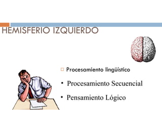 HEMISFERIO IZQUIERDO Procesamiento lingüístico Procesamiento Secuencial Pensamiento Lógico 