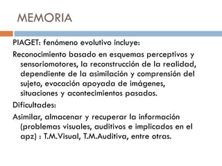 MEMORIA PIAGET: fenómeno evolutivo incluye: Reconocimiento basado en esquemas perceptivos y sensoriomotores, la reconstrucción de la realidad, dependiente de la asimilación y comprensión del sujeto, evocación apoyada de imágenes, situaciones y acontecimientos pasados. Dificultades: Asimilar, almacenar y recuperar la información (problemas visuales, auditivos e implicados en el apz) : T.M.Visual, T.M.Auditiva, entre otras. 