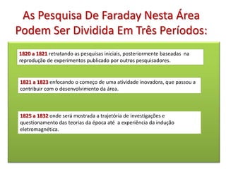 As Pesquisa De Faraday Nesta Área
Podem Ser Dividida Em Três Períodos:
1820 a 1821 retratando as pesquisas iniciais, posteriormente baseadas na
reprodução de experimentos publicado por outros pesquisadores.


1821 a 1823 enfocando o começo de uma atividade inovadora, que passou a
contribuir com o desenvolvimento da área.



1825 a 1832 onde será mostrada a trajetória de investigações e
questionamento das teorias da época até a experiência da indução
eletromagnética.
 