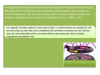 A rotação do ímã me parece ocorrer em conseqüência das diferentes partículas,
das quais este é composto,serem colocadas, pela passagem da corrente, no
mesmo estado que o fio de comunicação entre os pólos voltaicos assume em
relação à posição do pólo magnético (Faraday in James, 1991, p. 251).


 Em seguida, Faraday explicou o que queria dizer: o motivo básico da rotação do ímã
 em torno de seu eixo não seria a existência de correntes circulares em seu interior,
 mas sim uma interação entre a corrente elétrica que passa por ele e os pólos
 magnéticos do próprio ímã.
 