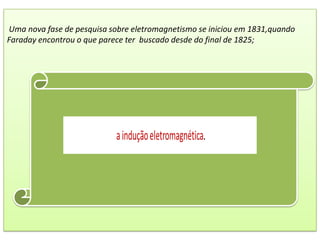 Uma nova fase de pesquisa sobre eletromagnetismo se iniciou em 1831,quando
Faraday encontrou o que parece ter buscado desde do final de 1825;
 