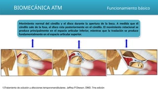 Movimiento normal del cóndilo y el disco durante la apertura de la boca. A medida que él
cóndilo sale de la fosa, el disco rota posteriormente en el cóndilo. El movimiento rotacional se
produce principalmente en el espacio articular inferior, mientras que la traslación se produce
fundamentalmente en el espacio articular superior.
BIOMECÁNICA ATM Funcionamiento básico
1)Tratamiento de oclusión y afecciones temporomandibulares. Jeffrey P.Okeson, DMD. 7ma edición
 