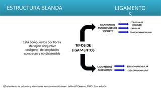 Está compuestos por fibras
de tejido conjuntivo
colágeno de longitudes
concretas y no distensible
ESTRUCTURA BLANDA LIGAMENTO
S
TIPOS DE
LIGAMENTOS
LIGAMENTOS
FUNCIONALES DE
SOPORTE
LIGAMENTOS
ACCESORIOS
COLATERALES
(DISCALES)
CAPSULAR
TEMPOROMANDIBULAR
ESFENOMANDIBULAR
ESTILOMANDIBULAR
1)Tratamiento de oclusión y afecciones temporomandibulares. Jeffrey P.Okeson, DMD. 7ma edición
 