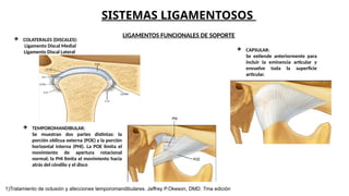 SISTEMAS LIGAMENTOSOS
LIGAMENTOS FUNCIONALES DE SOPORTE
❖ COLATERALES (DISCALES):
Ligamento Discal Medial
Ligamento Discal Lateral
❖ CAPSULAR:
Se extiende anteriormente para
incluir la eminencia articular y
envuelve toda la superficie
articular.
❖ TEMPOROMANDIBULAR:
Se muestran dos partes distintas: la
porción oblicua externa (POE) y la porción
horizontal interna (PHI). La POE limita el
movimiento de apertura rotacional
normal; la PHI limita el movimiento hacia
atrás del cóndilo y el disco
1)Tratamiento de oclusión y afecciones temporomandibulares. Jeffrey P.Okeson, DMD. 7ma edición
 