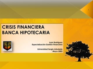 1




CRISIS FINANCIERA
BANCA HIPOTECARIA
                            Juan Rodríguez
          Especialización Gestión Financiera

                Universidad Sergio Arboleda
                                 Mayo-2003
 