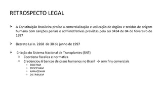 RETROSPECTO LEGAL

 A Constituição Brasileira proíbe a comercialização e utilização de órgãos e tecidos de origem
  humana com sanções penais e administrativas previstas pela Lei 9434 de 04 de fevereiro de
  1997

 Decreto Lei n. 2268 de 30 de junho de 1997

   Criação do Sistema Nacional de Transplantes (SNT)
     o Coordena fiscaliza e normatiza
     o Credenciou 6 bancos de ossos humanos no Brasil → sem fins comerciais
          o   COLETAM
          o   PROCESSAM
          o   ARMAZENAM
          o   DISTRIBUEM
 