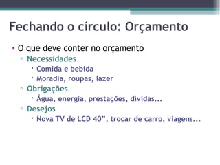 Fechando o círculo: Orçamento O que deve conter no orçamento Necessidades Comida e bebida Moradia, roupas, lazer Obrigações Água, energia, prestações, dívidas... Desejos Nova TV de LCD 40”, trocar de carro, viagens... 