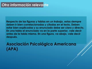 Otra información relevante
Respecto de las figuras y tablas en un trabajo, estas siempre
deben ir bien correlacionadas y citadas en el texto. Deben
estar bien explicadas y su enunciado debe ser claro y directo.
En una tabla el enunciado va en la parte superior, vale decir
antes de la tabla misma. En una figura, va abajo, vale decir
después.
Asociación Psicológica Americana
(APA)
 