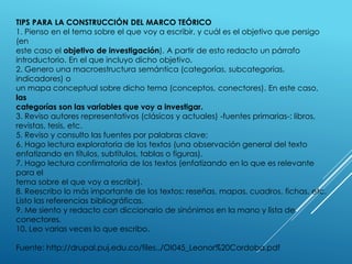 TIPS PARA LA CONSTRUCCIÓN DEL MARCO TEÓRICO
1. Pienso en el tema sobre el que voy a escribir, y cuál es el objetivo que persigo
(en
este caso el objetivo de investigación). A partir de esto redacto un párrafo
introductorio. En el que incluyo dicho objetivo.
2. Genero una macroestructura semántica (categorías, subcategorías,
indicadores) o
un mapa conceptual sobre dicho tema (conceptos, conectores). En este caso,
las
categorías son las variables que voy a investigar.
3. Reviso autores representativos (clásicos y actuales) -fuentes primarias-: libros,
revistas, tesis, etc.
5. Reviso y consulto las fuentes por palabras clave:
6. Hago lectura exploratoria de los textos (una observación general del texto
enfatizando en títulos, subtítulos, tablas o figuras).
7. Hago lectura confirmatoria de los textos (enfatizando en lo que es relevante
para el
tema sobre el que voy a escribir).
8. Reescribo lo más importante de los textos: reseñas, mapas, cuadros, fichas, etc.
Listo las referencias bibliográficas.
9. Me siento y redacto con diccionario de sinónimos en la mano y lista de
conectores.
10. Leo varias veces lo que escribo.
Fuente: http://drupal.puj.edu.co/files../OI045_Leonor%20Cordoba.pdf
 