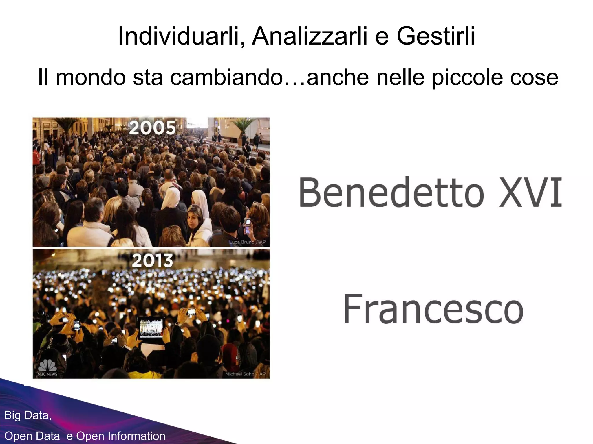 Individuarli, Analizzarli e Gestirli
Big Data,
Open Data e Open Information
Il mondo sta cambiando…anche nelle piccole cose
 