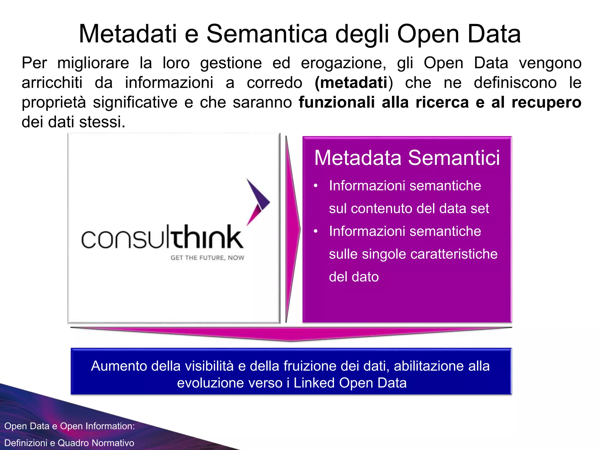 Open Data e Open Information:
Definizioni e Quadro Normativo
Metadati e Semantica degli Open Data
Per migliorare la loro gestione ed erogazione, gli Open Data vengono
arricchiti da informazioni a corredo (metadati) che ne definiscono le
proprietà significative e che saranno funzionali alla ricerca e al recupero
dei dati stessi.
• Caratteristiche strutturali
e tecniche del data set
• Informazioni sulle
modalità di estrazione
• Informazioni sul processo
di estrazione e sulle fonti
Metadata Sintattici
• Informazioni semantiche
sul contenuto del data set
• Informazioni semantiche
sulle singole caratteristiche
del dato
Metadata Semantici
Aumento della visibilità e della fruizione dei dati, abilitazione alla
evoluzione verso i Linked Open Data
 