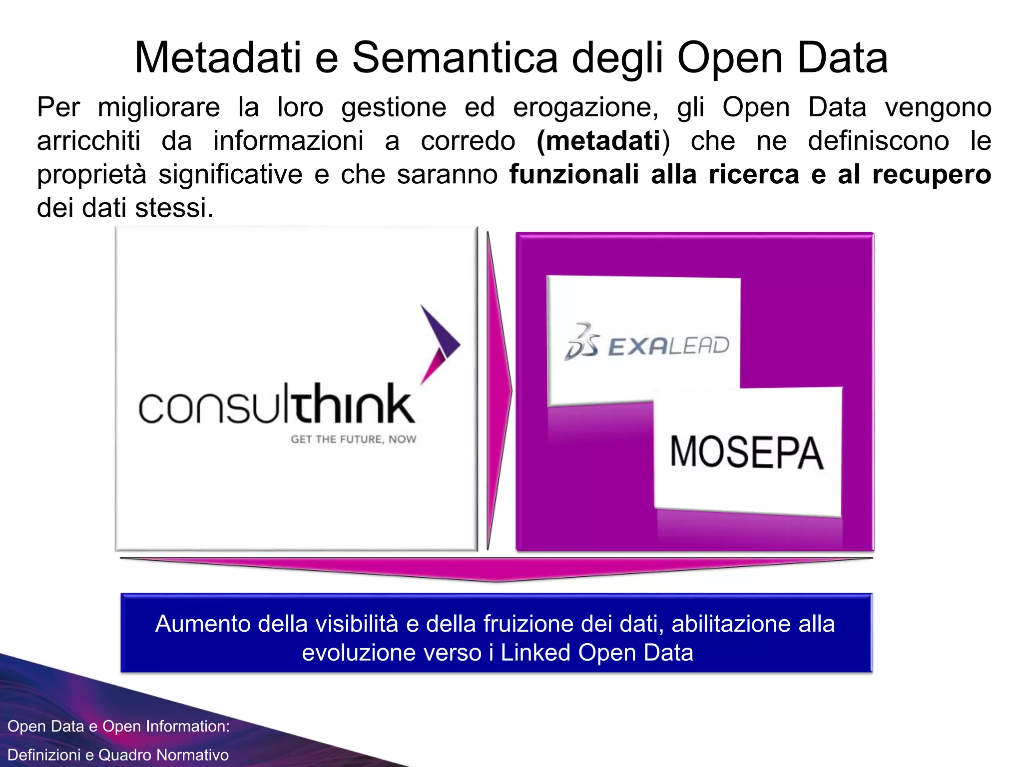 Open Data e Open Information:
Definizioni e Quadro Normativo
Metadati e Semantica degli Open Data
Per migliorare la loro gestione ed erogazione, gli Open Data vengono
arricchiti da informazioni a corredo (metadati) che ne definiscono le
proprietà significative e che saranno funzionali alla ricerca e al recupero
dei dati stessi.
• Caratteristiche strutturali
e tecniche del data set
• Informazioni sulle
modalità di estrazione
• Informazioni sul processo
di estrazione e sulle fonti
Metadata Sintattici
• Informazioni semantiche
sul contenuto del data set
• Informazioni semantiche
sulle singole
caratteristiche del dato
Metadata Semantici
Aumento della visibilità e della fruizione dei dati, abilitazione alla
evoluzione verso i Linked Open Data
 