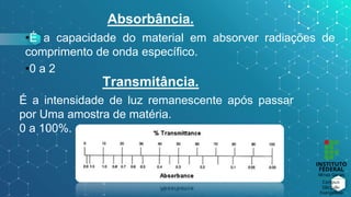 Absorbância.
•É a capacidade do material em absorver radiações de
comprimento de onda específico.
•0 a 2
Transmitância.
É a intensidade de luz remanescente após passar
por Uma amostra de matéria.
0 a 100%.
 