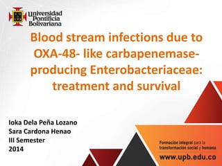 Blood stream infections due to 
OXA-48- like carbapenemase-producing 
Enterobacteriaceae: 
treatment and survival 
Ioka Dela Peña Lozano 
Sara Cardona Henao 
III Semester 
2014 
 