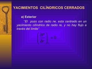 YACIMIENTOS  CILÍNDRICOS CERRADOS   a)  Exterior “ El  pozo  con radio rw, esta centrado en un yacimiento cilíndrico de radio re, y no hay flujo a través del límite”  