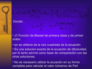 Donde : J 1 Función de Bessel de primera clase y de primer orden. αn se obtiene de la raíz cuadrada de la ecuación  Es una solucion exacta de la ecuación de difusividad, por lo tanto servirá como base de comparación con las otras soluciones. No es necesario utilizar la ecuación en su forma completa para calcular el valor númerico de Pwf.  