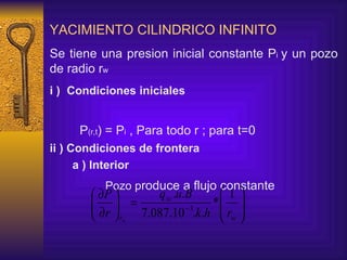 YACIMIENTO CILINDRICO INFINITO  Se tiene una presion inicial constante P i  y un pozo de radio r w i )  Condiciones iniciales   P (r,t ) = P i  , Para todo r ; para t=0 ii ) Condiciones de frontera a ) Interior Pozo p roduce a flujo constante 