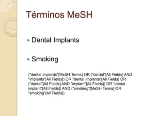 Términos MeSH

   Dental Implants

   Smoking

("dental implants"[MeSH Terms] OR ("dental"[All Fields] AND
"implants"[All Fields]) OR "dental implants"[All Fields] OR
("dental"[All Fields] AND "implant"[All Fields]) OR "dental
implant"[All Fields]) AND ("smoking"[MeSH Terms] OR
"smoking"[All Fields])
 