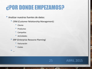 ¿POR DONDE EMPEZAMOS?
• Analizar nuestras fuentes de datos:
• CRM (Customer Relationship Management):
• Cliente
• Productos
• Campañas
• Actividades
• ERP (Enterprise Resource Planning)
• Facturación
• Costes
• …
25 ABRIL 2015
 
