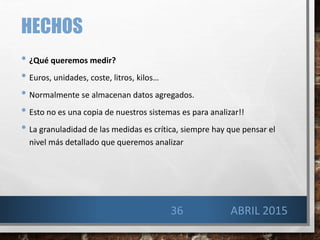 HECHOS
• ¿Qué queremos medir?
• Euros, unidades, coste, litros, kilos…
• Normalmente se almacenan datos agregados.
• Esto no es una copia de nuestros sistemas es para analizar!!
• La granuladidad de las medidas es crítica, siempre hay que pensar el
nivel más detallado que queremos analizar
36 ABRIL 2015
 
