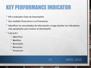 KEY PERFORMANCE INDICATOR
• KPI o Indicador Clave de Desempeño
• Son medidas financieras o no financieras
• Identificar las necesidades de información y luego diseñar los indicadores
más apropiados para evaluar el desempeño
• S.M.A.R.T.
• eSpecíficos
• Medibles
• Alcanzables
• Relevantes
• Temporales
ABRIL 201540
 