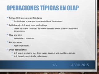 OPERACIONES TÍPICAS EN OLAP
• Roll up (drill-up): resumir los datos
• Subiendo por la jerarquía o por reducción de dimensiones.
• Drill down (roll down): Inverso al roll-up
• Desde los niveles superior a los de más detalle o introducciendo unas nuevas
dimensiones.
• Slice and dice
• Seleccionar. Y proyectar.
• Pivot (rotate)
• Reorientar el cubo.
• Otras operaciones:
• drill across: involucrar más de un cubo a través de una medida en común.
• drill through: ver el detalle en las tablas.
45 ABRIL 2015
 