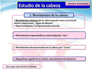 Cátedra: Semiología
2. Movimientos de la cabeza
Movimientos rítmicos de la cabeza puede verse en la insuf.
Aórtica importante, “Signo de Musset”.
Hipertiroidismo y la hipertensión arterial.
Movimientos espasmódicos, estereotipadas, “tics”
Movimientos desmezurados de la cabeza por “Corea”
Raquitismo agudo de los niños: movimientos de balanceo.
2do Lapso Guía del Prof. Zabaleta.
 