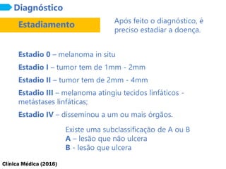 Diagnóstico
Estadiamento Após feito o diagnóstico, é
preciso estadiar a doença.
Estadio 0 – melanoma in situ
Estadio I – tumor tem de 1mm - 2mm
Estadio II – tumor tem de 2mm - 4mm
Estadio III – melanoma atingiu tecidos linfáticos -
metástases linfáticas;
Estadio IV – disseminou a um ou mais órgãos.
Existe uma subclassificação de A ou B
A – lesão que não ulcera
B - lesão que ulcera
Clínica Médica (2016)
 