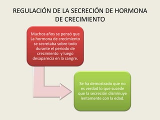 REGULACIÓN DE LA SECRECIÓN DE HORMONA
            DE CRECIMIENTO
    Muchos años se pensó que
    La hormona de crecimiento
      se secretaba sobre todo
       durante el periodo de
        crecimiento y luego
     desaparecía en la sangre.




                              Se ha demostrado que no
                               es verdad lo que sucede
                             que la secreción disminuye
                               lentamente con la edad.
 