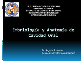 UNIVERSIDAD CENTRO OCCIDENTAL
           LISANDRO ALVARADO
     DECANATO DE CIENCIAS DE LA SALUD
       DEPARTAMENTO DE POSTGRADO
          OTORRINOLARINGOLOGIA




Embriología y Anatomía de
       Cavidad Oral


                   Dr. Segovia Jhoanmer
                   Residente de Otorrinolaringologia
 