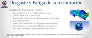 Desgaste y Fatiga de la restauración
• Análisis de Elementos Finitos
o Comparables a M-C en la distribución de estrés
o Diente:1.5mm axial y 2mm oclusal
o Cambio de 0,5mm uniforme a 1mm lingual en molar inferior
o 1000 ciclos, a 200N
o Nuevo diseño del núcleo de Y-Zr puede tener resultados
o Mejor desempeño en grupo modificado entre cerámicas
o M-C mejor desempeño que grupo modificado, no E.S.
SILVA, NR; et al. Conventional and Modified Veneered Zirconia vs. Metalloceramic: Fatigue and Finite Element Analysis. Journal of Prosthodontics. 21,
6, 433, Aug. 2012. ISSN: 1059941X.
 