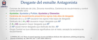 Desgaste del esmalte Antagonista
• Coronas de disilicato de Litio, Zirconia monolítica, Cerámica de recubrimiento y control
contra esmalte sano
• Ajustadas, Ajustadas y Pulidas, Ajustadas y Glaseadas.
• Cerámica de recubrimiento presentó los signos más altos de desgaste
• Disilicato de Li y Zr AP causaron los signos más bajos de desgaste
• Disilicato de Li A y AG causaron mayor desgaste que AP
• Zr A y AG causaron mayor desgaste que AP
• Zr AP causó menor desgaste que disilicato de litio AP
• Grupo Control no tuvo diferencia significativa con el resto, excepto la cerámica de
recubrimiento
LAWSON, NC; et al. Wear of enamel opposing zirconia and lithium disilicate after adjustment, polishing and glazing.
Journal of Dentistry. 42, 1586-1591, Dec. 1, 2014. ISSN: 0300-5712.
 