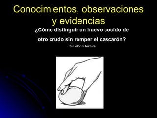 Conocimientos, observacionesConocimientos, observaciones
y evidenciasy evidencias
¿Cómo distinguir un huevo cocido de
otro crudo sin romper el cascarón?
Sin olor ni textura
 