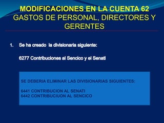 MODIFICACIONES EN LA CUENTA 62
GASTOS DE PERSONAL, DIRECTORES Y
GERENTES
SE DEBERIA ELIMINAR LAS DIVISIONARIAS SIGUIENTES:
6441 CONTRIBUCION AL SENATI
6442 CONTRIBUCIUON AL SENCICO
 