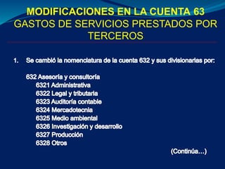 MODIFICACIONES EN LA CUENTA 63
GASTOS DE SERVICIOS PRESTADOS POR
TERCEROS
 