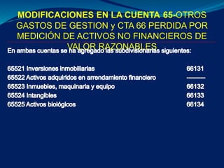 MODIFICACIONES EN LA CUENTA 65-OTROS
GASTOS DE GESTION y CTA 66 PERDIDA POR
MEDICIÓN DE ACTIVOS NO FINANCIEROS DE
VALOR RAZONABLES
 