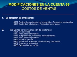 MODIFICACIONES EN LA CUENTA 69
COSTOS DE VENTAS
6927 Costos de producción no absorbido – Productos terminados
6928 Costo de ineficiencia – Productos terminados
695 Gastos por desvalorización de existencias
6951 Mercaderías
6952 Productos terminados
6953 Subproductos, desechos y desperdicios
6954 Productos en proceso
6955 Materias primas
6956 Materiales auxiliares, suministros y repuestos
6957 Envases y embalajes
6958 Existencias por recibir
 