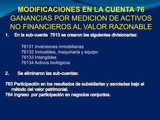 MODIFICACIONES EN LA CUENTA 76
GANANCIAS POR MEDICION DE ACTIVOS
NO FINANCIEROS AL VALOR RAZONABLE
76131 Inversiones inmobiliarias
76132 Inmuebles, maquinaria y equipo
76133 Intangibles
76134 Activos biológicos
 