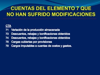 CUENTAS DEL ELEMENTO 7 QUE
NO HAN SUFRIDO MODIFICACIONES
 