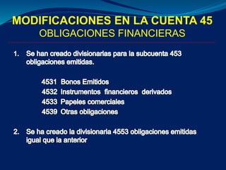MODIFICACIONES EN LA CUENTA 45
OBLIGACIONES FINANCIERAS
 