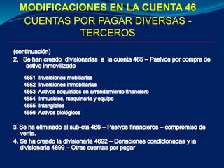 MODIFICACIONES EN LA CUENTA 46
CUENTAS POR PAGAR DIVERSAS -
TERCEROS
 