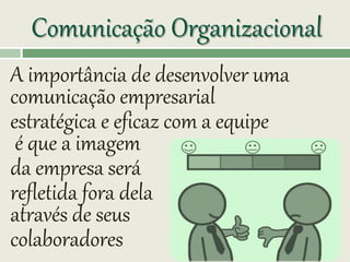 Comunicação Organizacional
A importância de desenvolver uma
comunicação empresarial
estratégica e eficaz com a equipe
é que a imagem
da empresa será
refletida fora dela
através de seus
colaboradores
 