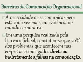 BarreirasdaComunicaçãoOrganizacional
A necessidade de se comunicar bem
está cada vez mais em evidência no
mundo corporativo.
Em uma pesquisa realizada pela
Harvard School, constatou-se que 70%
dos problemas que acontecem nas
empresas estão ligados direta ou
indiretamente a falhas na comunicação.
 